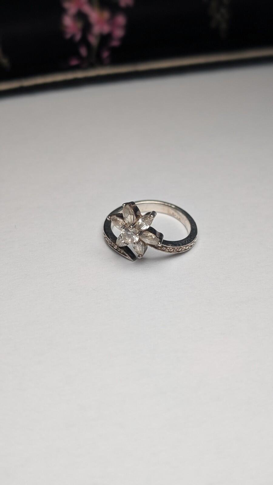 Vintage Sterling Silver Flower Floral CZ Ring | Size M 1/2 | 925 Silver - Image 2