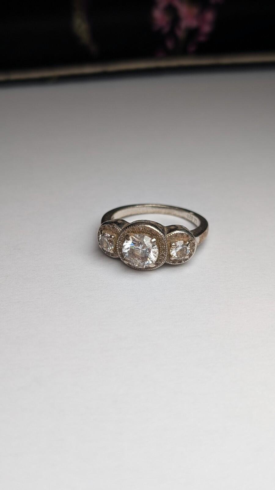 Vintage Sterling Silver CZ Trilogy Ring | Size O 1/2 | 925 Silver