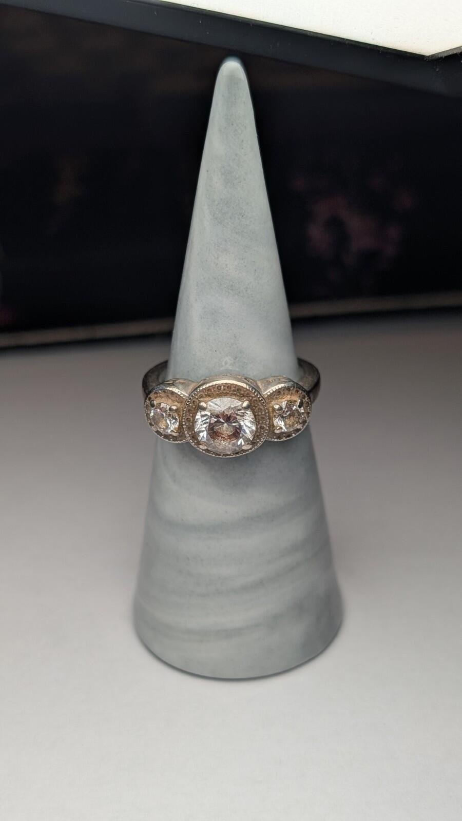 Vintage Sterling Silver CZ Trilogy Ring | Size O 1/2 | 925 Silver - Image 5
