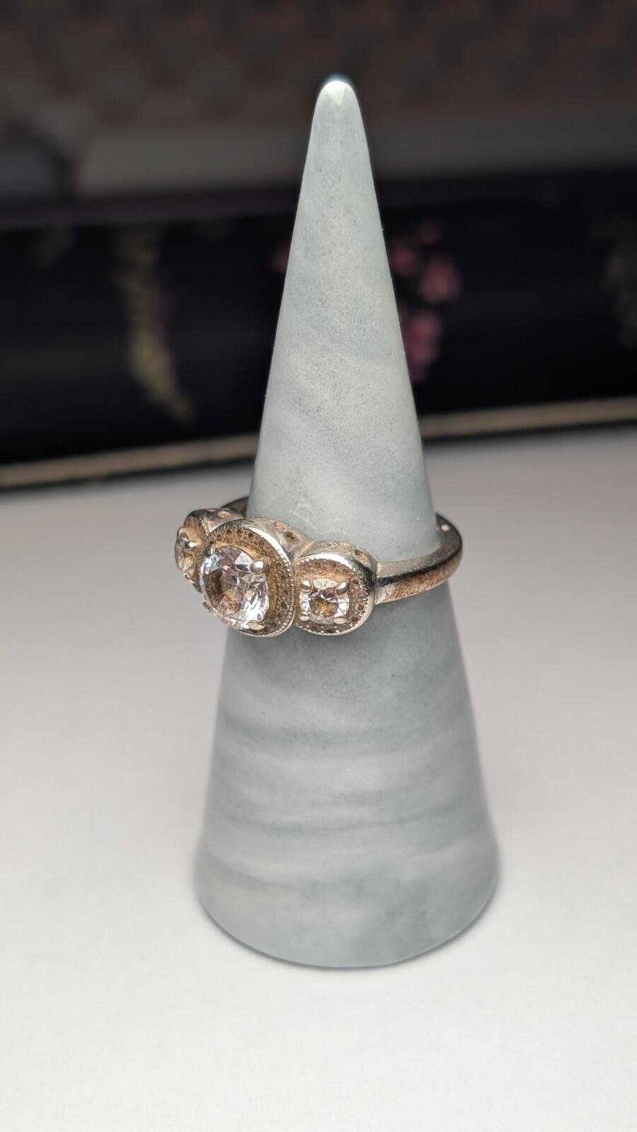Vintage Sterling Silver CZ Trilogy Ring | Size O 1/2 | 925 Silver - Image 6