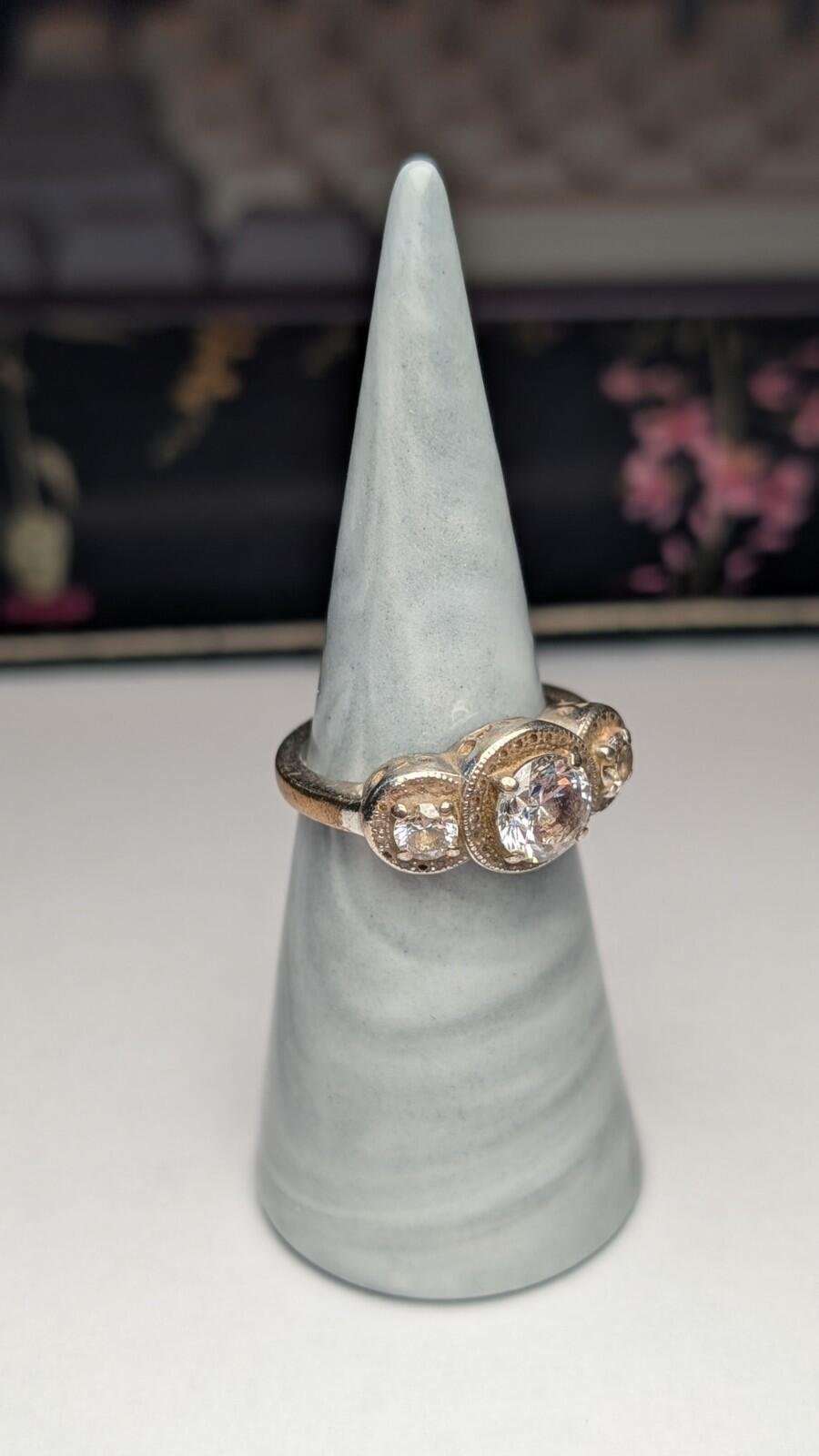 Vintage Sterling Silver CZ Trilogy Ring | Size O 1/2 | 925 Silver - Image 7