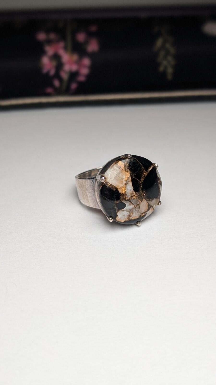 Vintage Sterling Silver Marble/Onyx Composite Chunky Ring | Size R 1/2 | 925