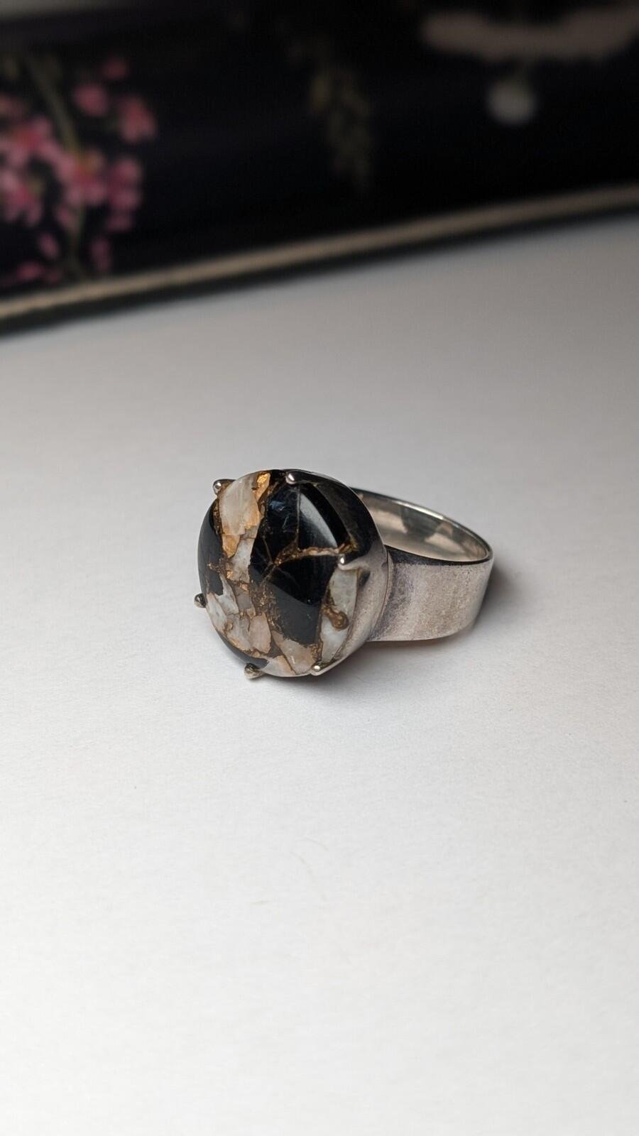 Vintage Sterling Silver Marble/Onyx Composite Chunky Ring | Size R 1/2 | 925 - Image 2