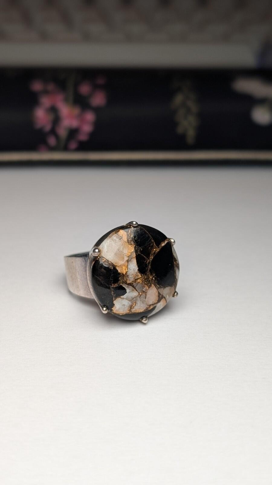 Vintage Sterling Silver Marble/Onyx Composite Chunky Ring | Size R 1/2 | 925 - Image 3