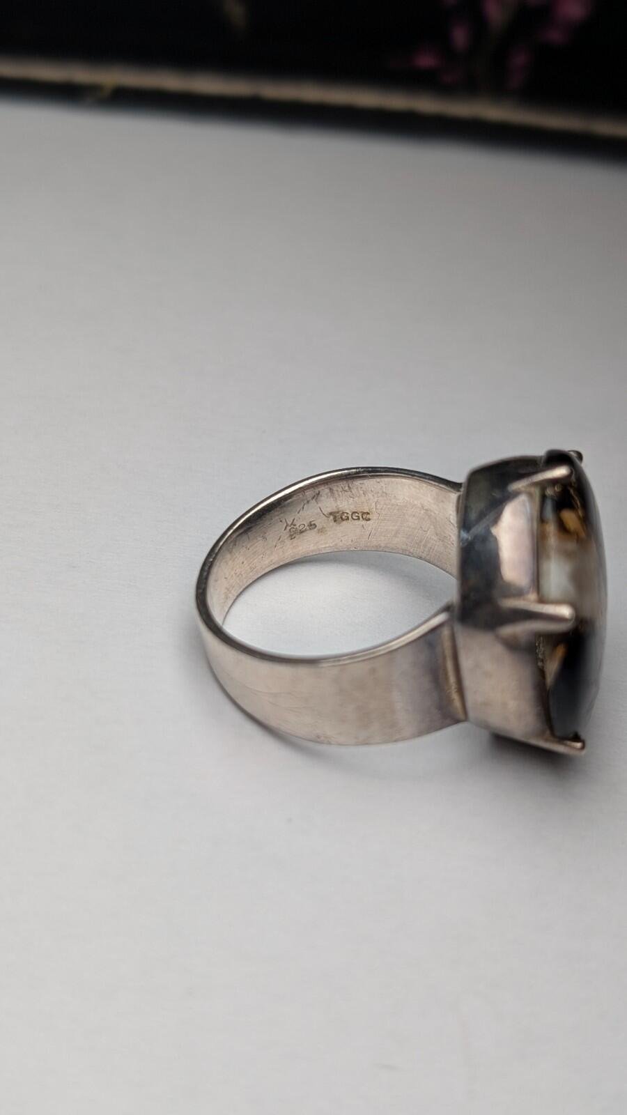 Vintage Sterling Silver Marble/Onyx Composite Chunky Ring | Size R 1/2 | 925 - Image 5