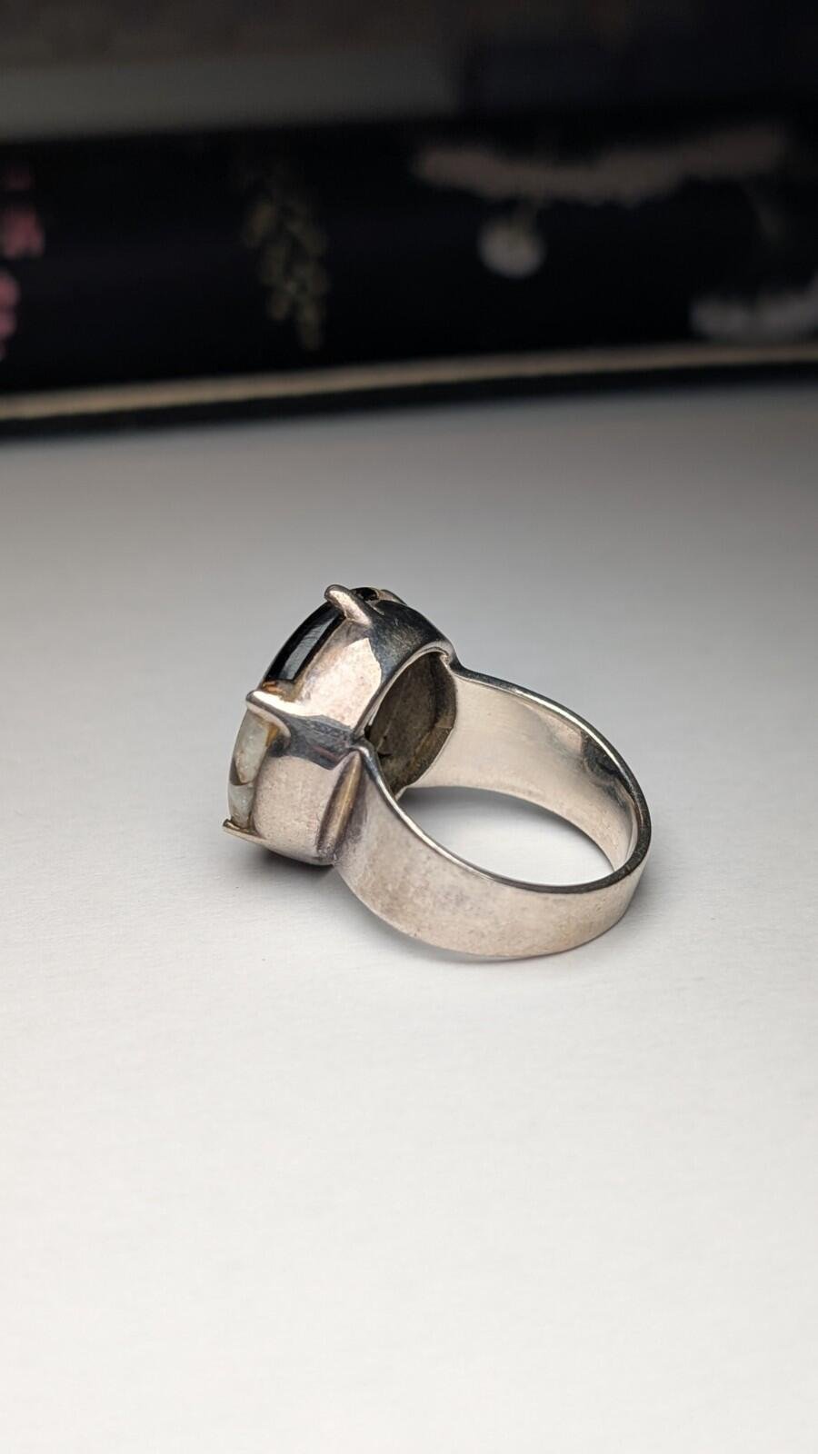 Vintage Sterling Silver Marble/Onyx Composite Chunky Ring | Size R 1/2 | 925 - Image 6