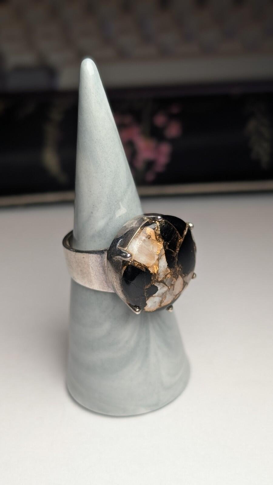 Vintage Sterling Silver Marble/Onyx Composite Chunky Ring | Size R 1/2 | 925 - Image 7