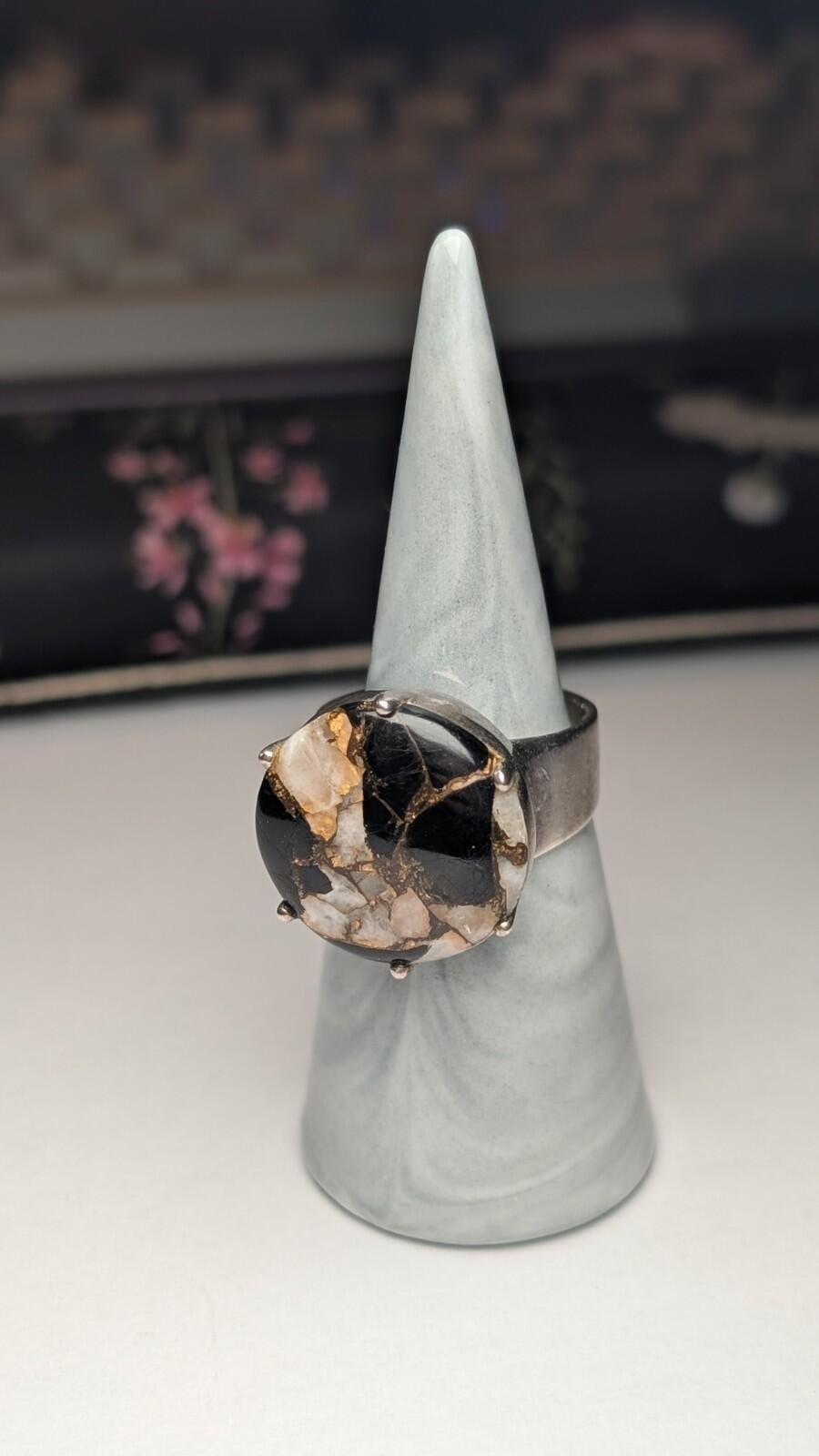 Vintage Sterling Silver Marble/Onyx Composite Chunky Ring | Size R 1/2 | 925 - Image 8