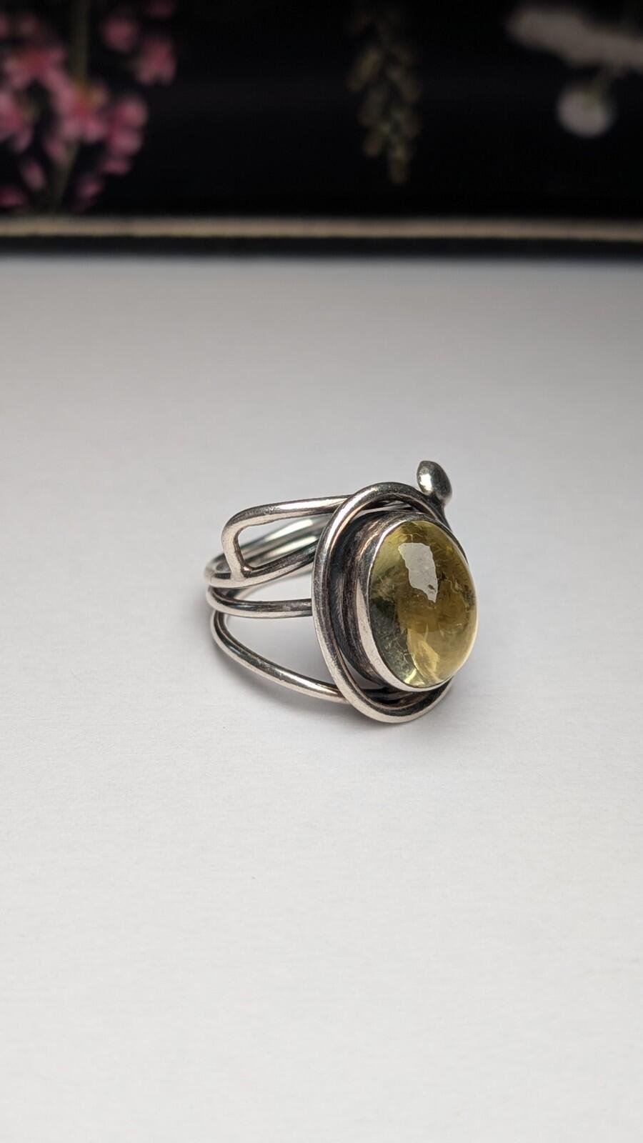 Vintage Sterling Silver Yellow Citrine Cabochon Ring | Size O | 925 Silver