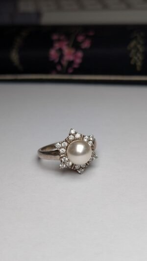 Vintage Sterling Silver DQCZ & Faux Pearl Ring | Size T | 925 Silver