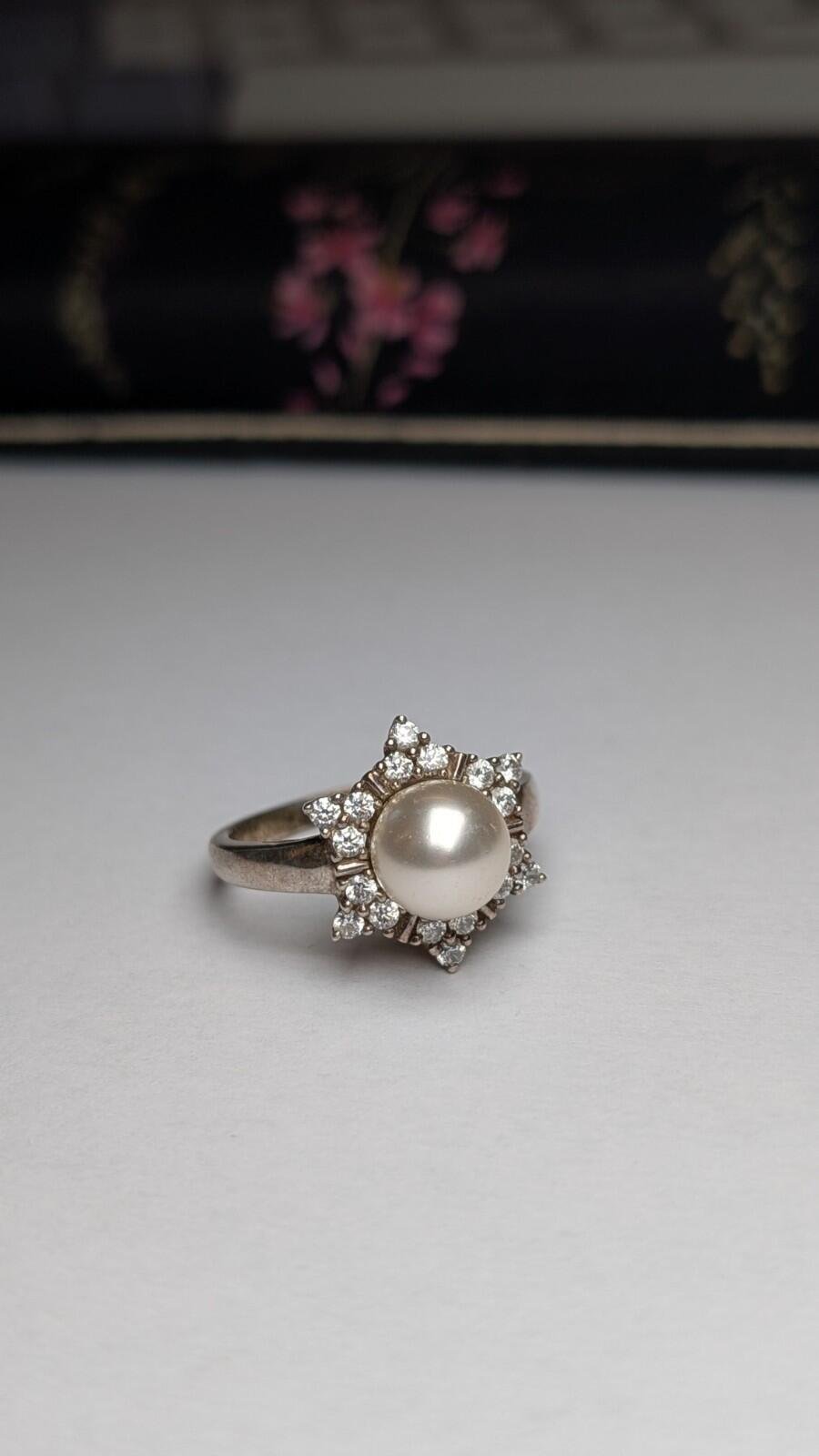 Vintage Sterling Silver DQCZ & Faux Pearl Ring | Size T | 925 Silver