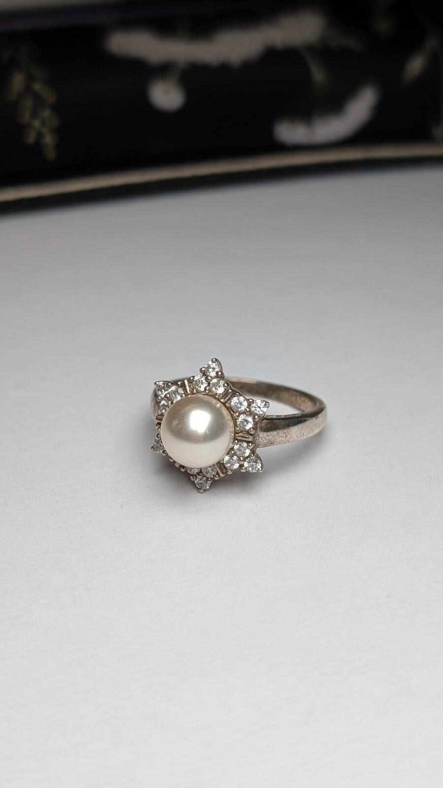Vintage Sterling Silver DQCZ & Faux Pearl Ring | Size T | 925 Silver - Image 2