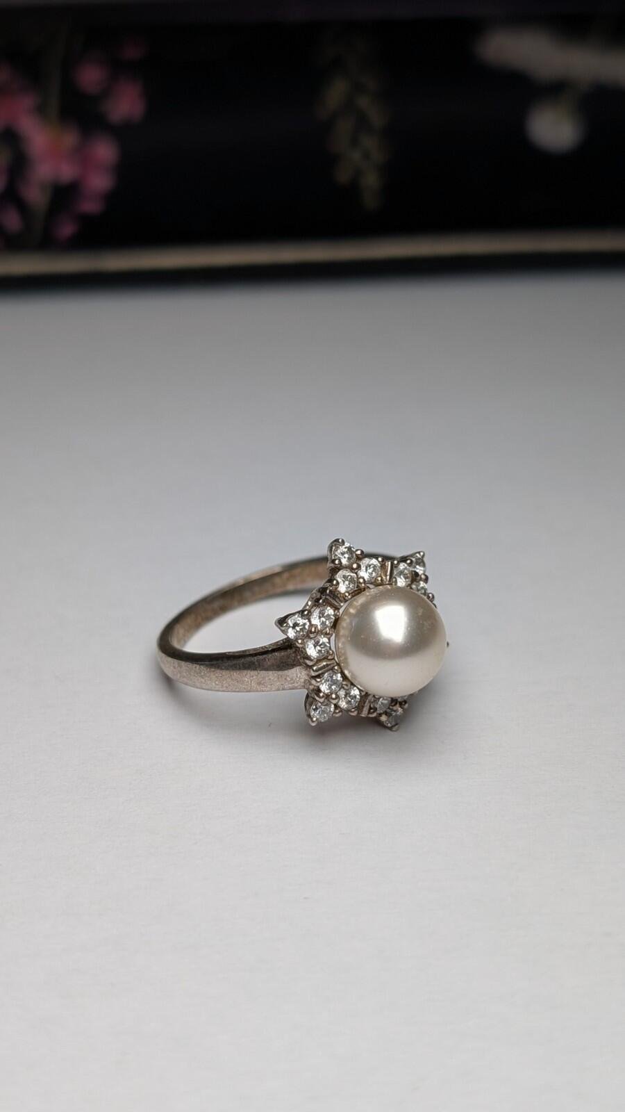 Vintage Sterling Silver DQCZ & Faux Pearl Ring | Size T | 925 Silver - Image 4
