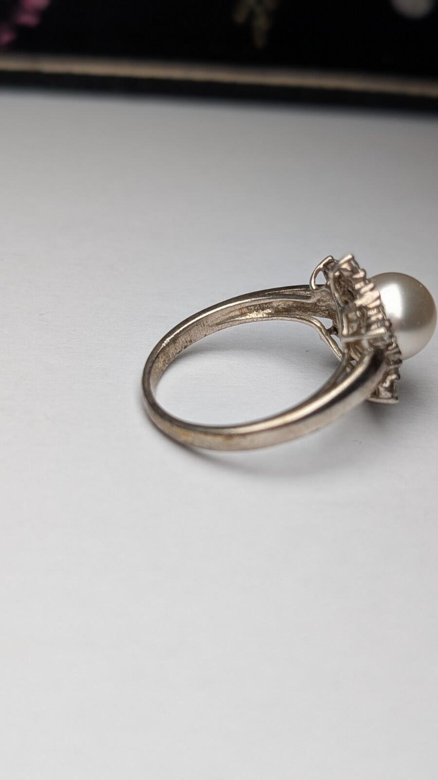 Vintage Sterling Silver DQCZ & Faux Pearl Ring | Size T | 925 Silver - Image 5