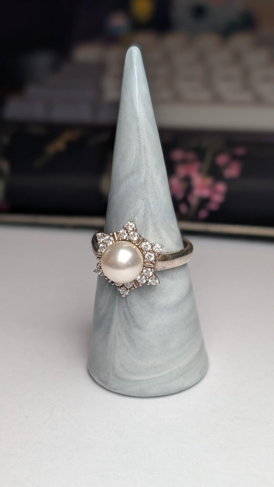 Vintage Sterling Silver DQCZ & Faux Pearl Ring | Size T | 925 Silver - Image 6