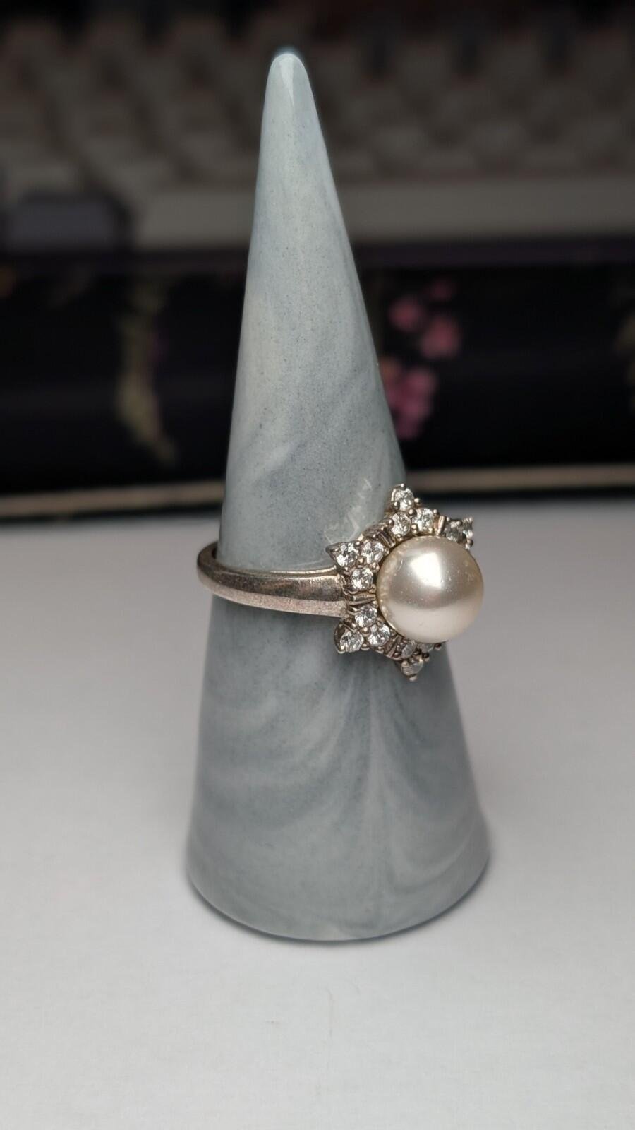 Vintage Sterling Silver DQCZ & Faux Pearl Ring | Size T | 925 Silver - Image 7