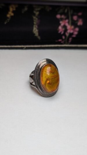 Vintage Sterling Silver 1998 Chunky Amber Ring | Size N | 925 Silver
