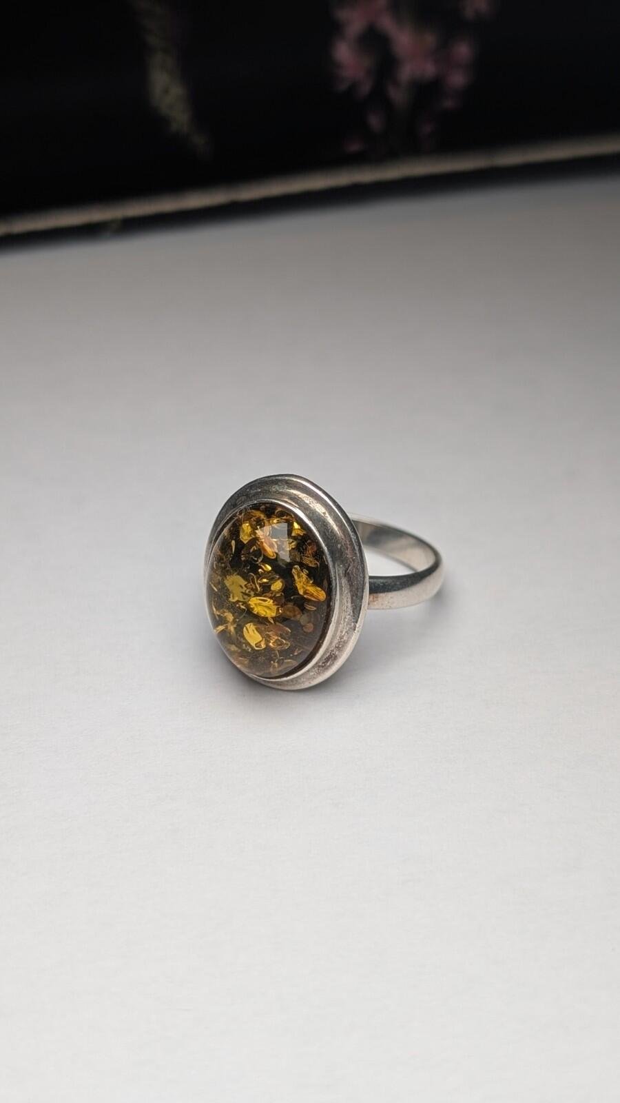 Vintage Sterling Silver Amber Ring | Size Q 1/2 | 925 Silver