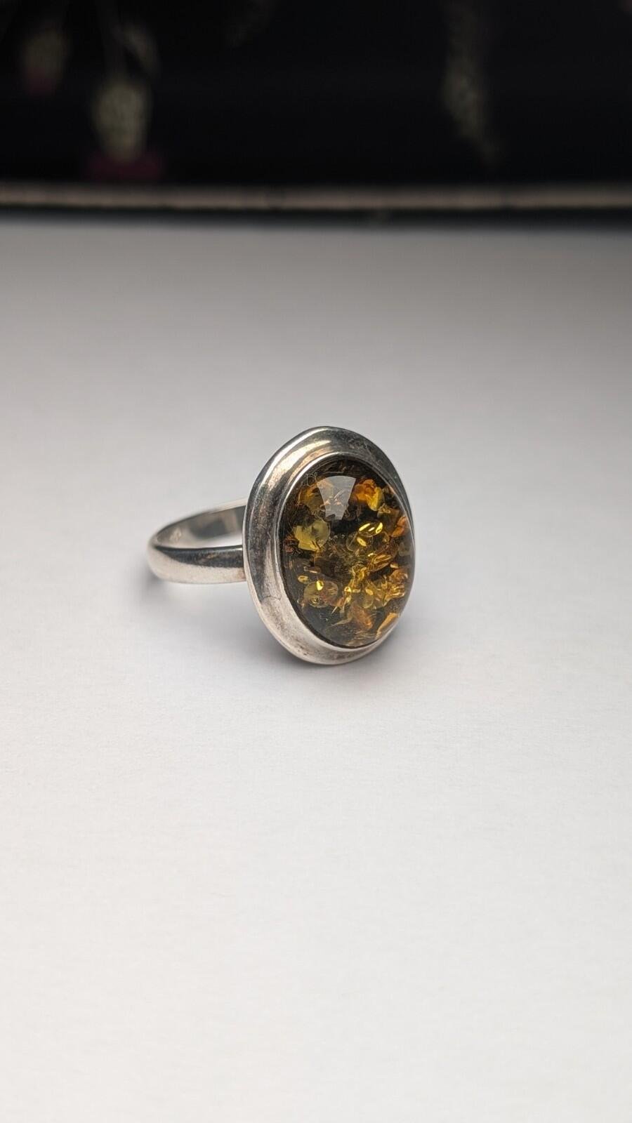 Vintage Sterling Silver Amber Ring | Size Q 1/2 | 925 Silver - Image 2