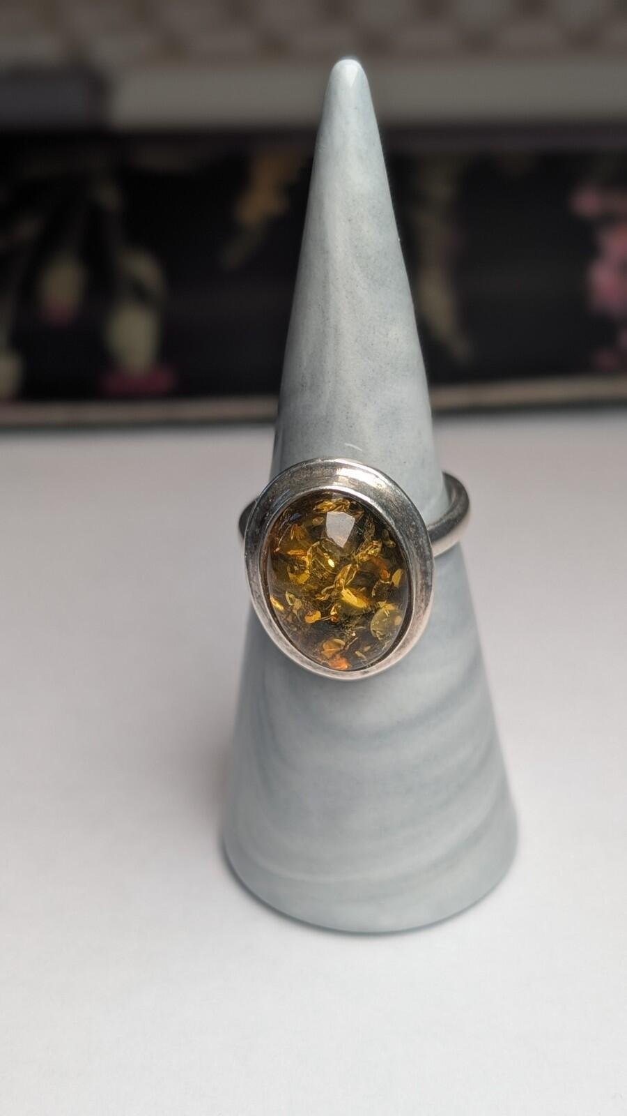 Vintage Sterling Silver Amber Ring | Size Q 1/2 | 925 Silver - Image 3