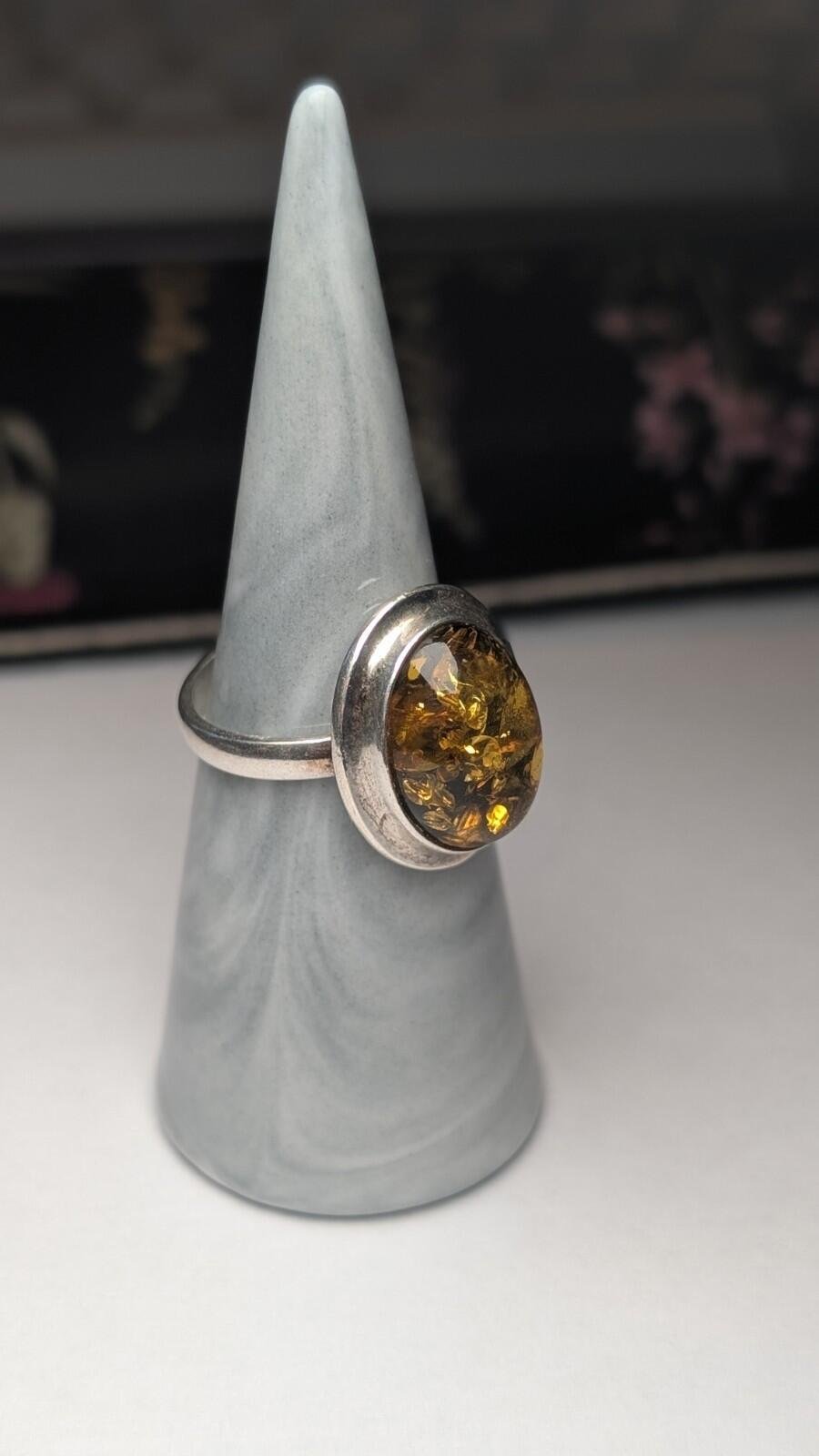 Vintage Sterling Silver Amber Ring | Size Q 1/2 | 925 Silver - Image 7