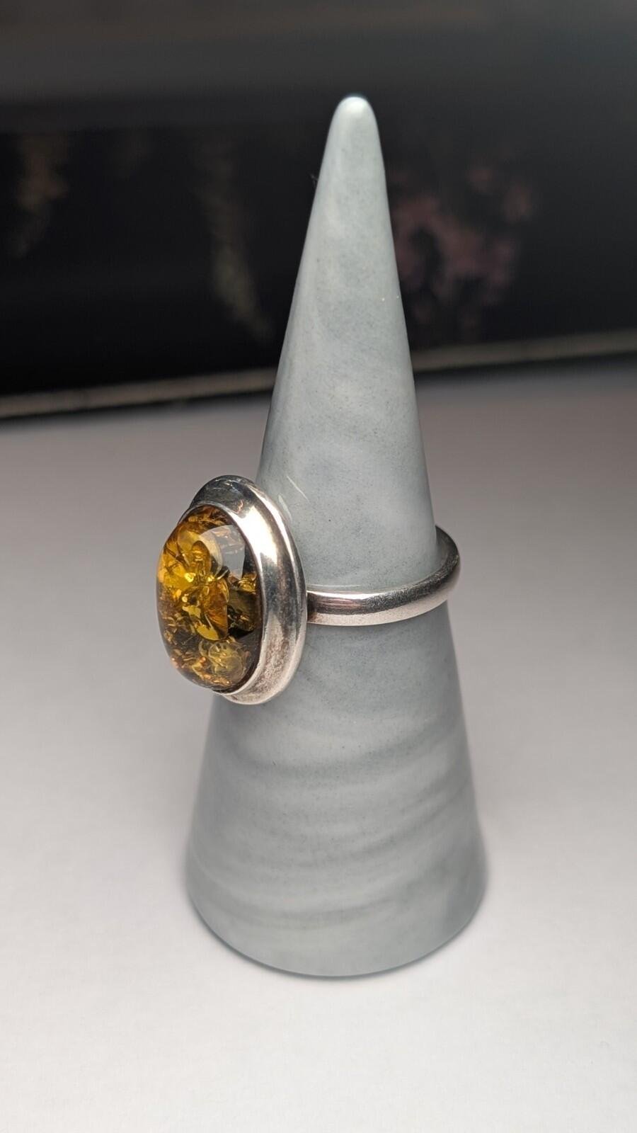 Vintage Sterling Silver Amber Ring | Size Q 1/2 | 925 Silver - Image 8