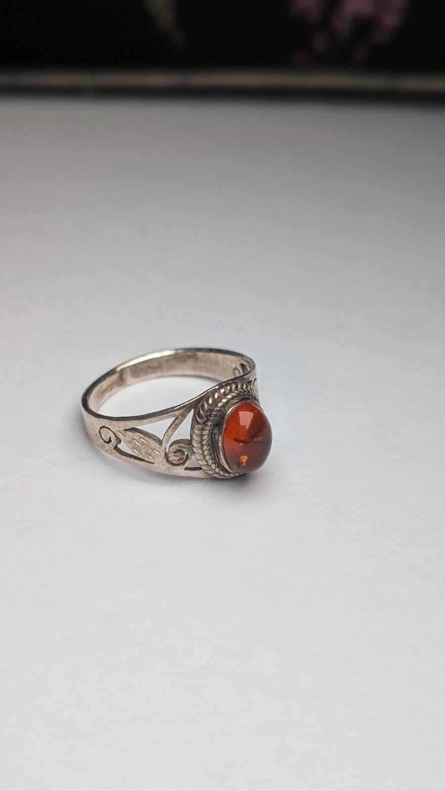 Vintage Sterling Silver Openwork Amber Ring | Size Q - Q 1/2 | 925 Silver - Image 3
