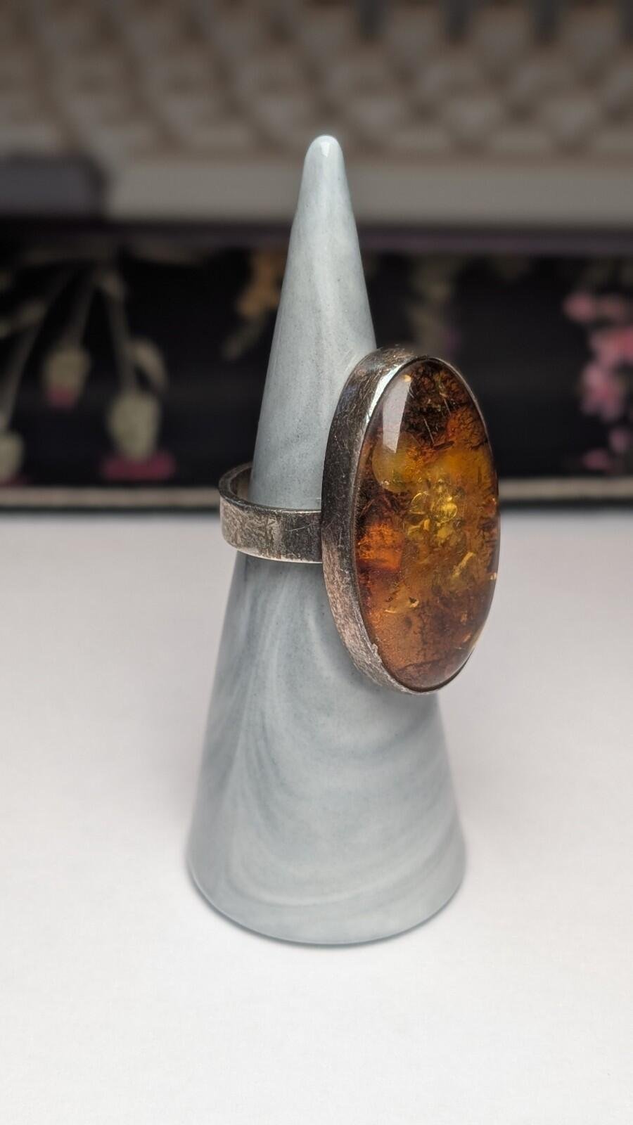 Vintage Sterling Silver Chunky Amber Ring | Size N - N 1/2 | 925 Silver