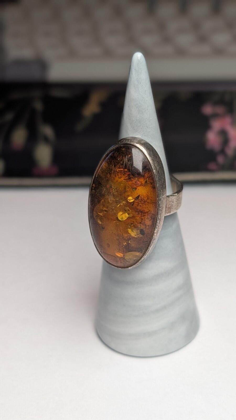Vintage Sterling Silver Chunky Amber Ring | Size N - N 1/2 | 925 Silver - Image 3