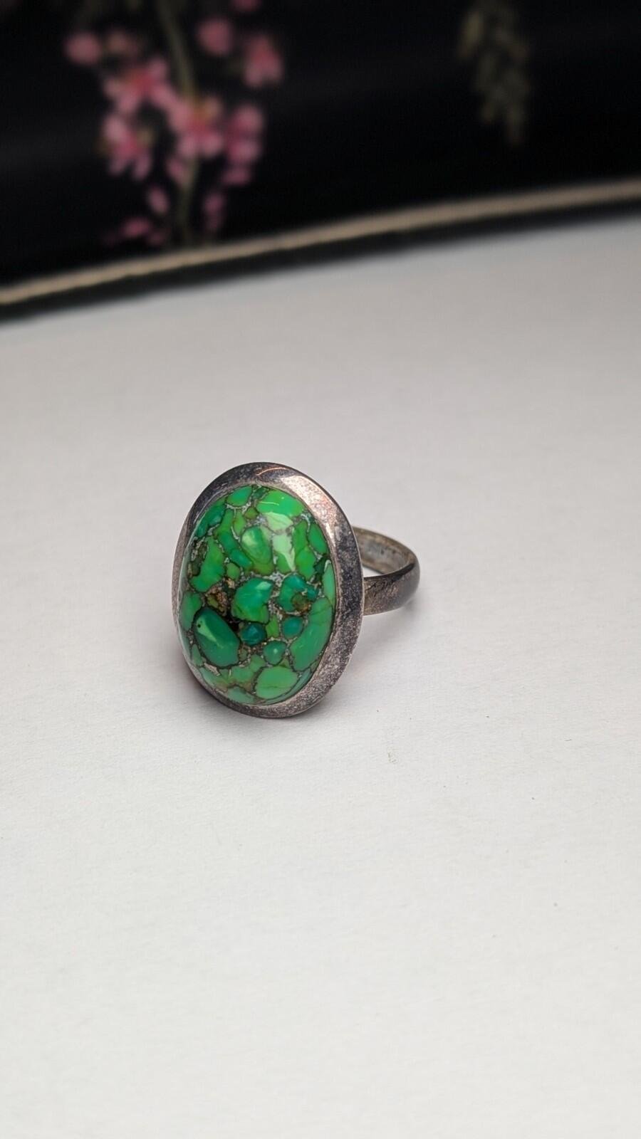 Vintage Sterling Silver Green Composite Turquoise Ring | Size N | 925 Silver
