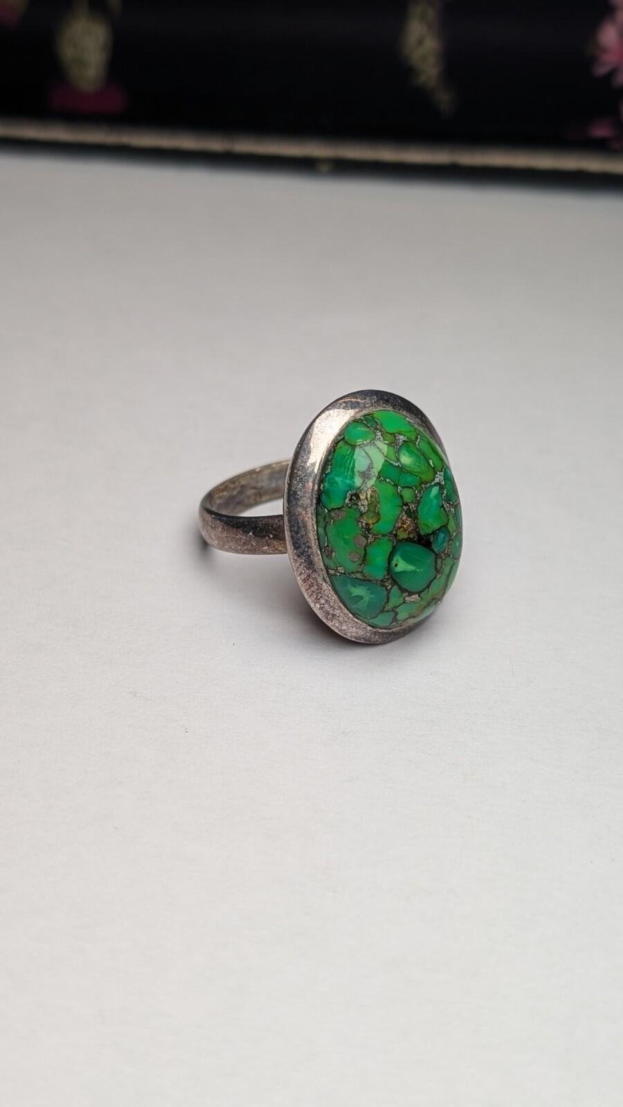 Vintage Sterling Silver Green Composite Turquoise Ring | Size N | 925 Silver - Image 2