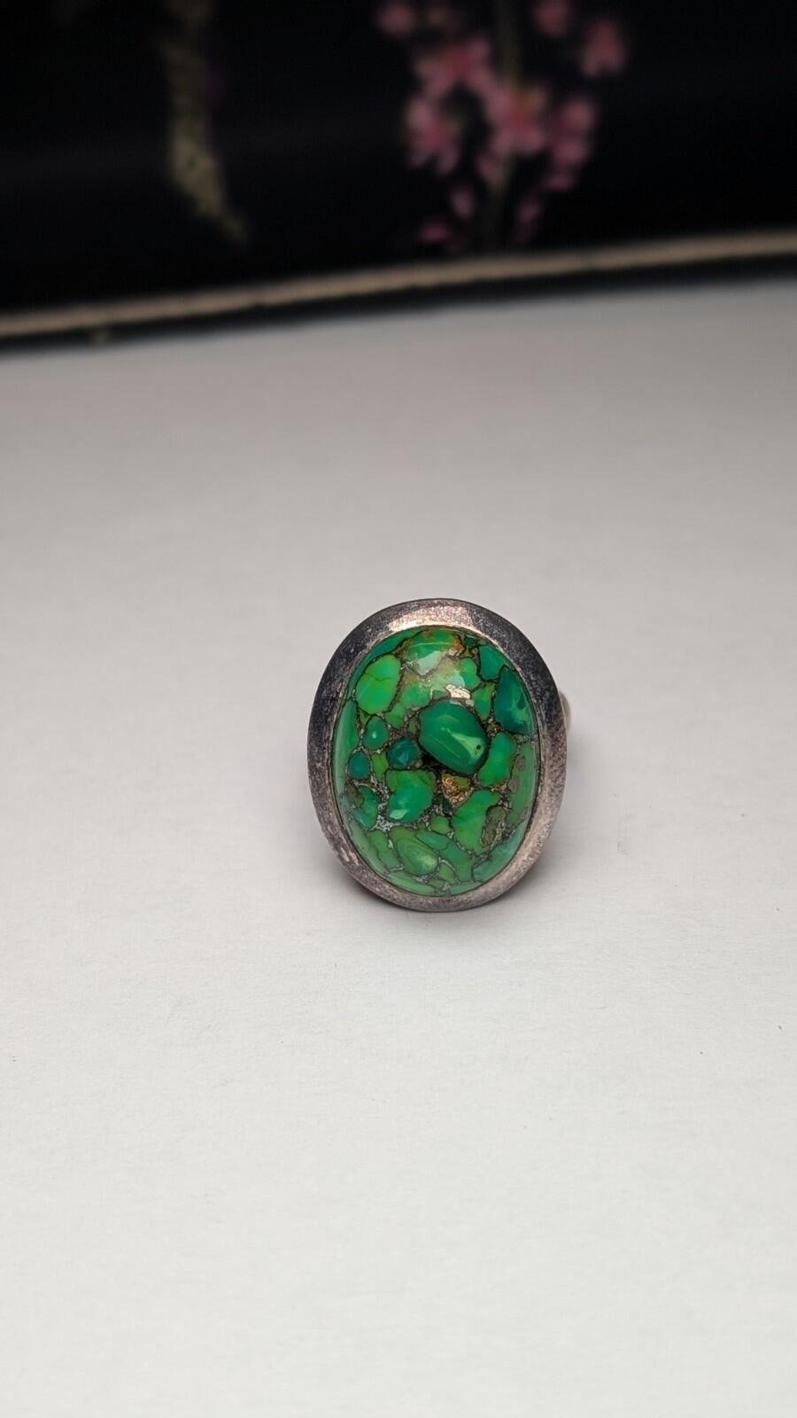 Vintage Sterling Silver Green Composite Turquoise Ring | Size N | 925 Silver - Image 3