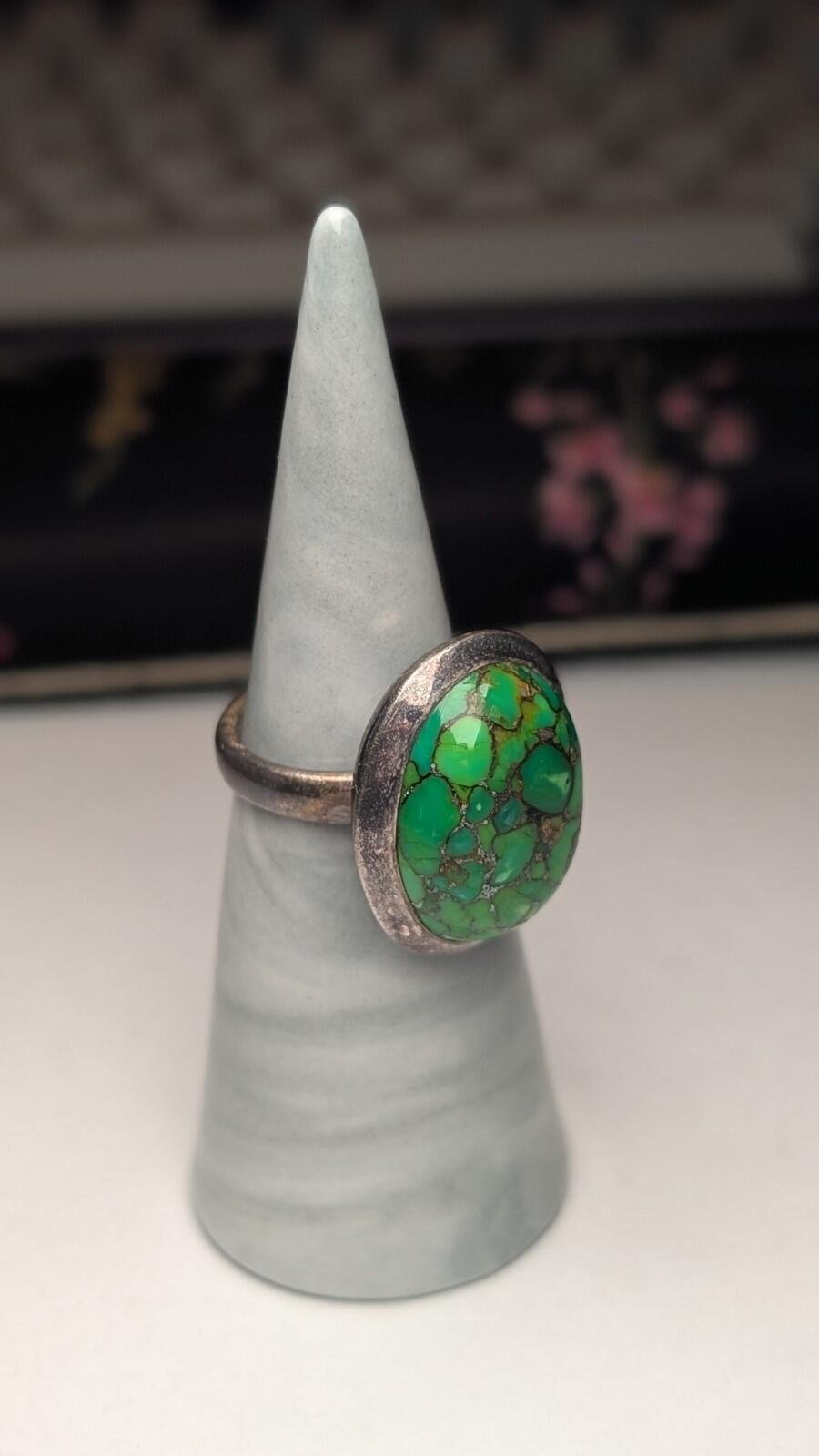 Vintage Sterling Silver Green Composite Turquoise Ring | Size N | 925 Silver - Image 7