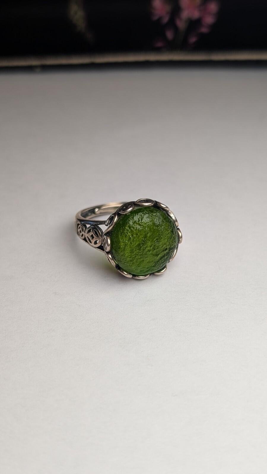 Vintage Sterling Silver Green Moldavite Ring | Size Q (Resizable) | 925 Silver - Image 3