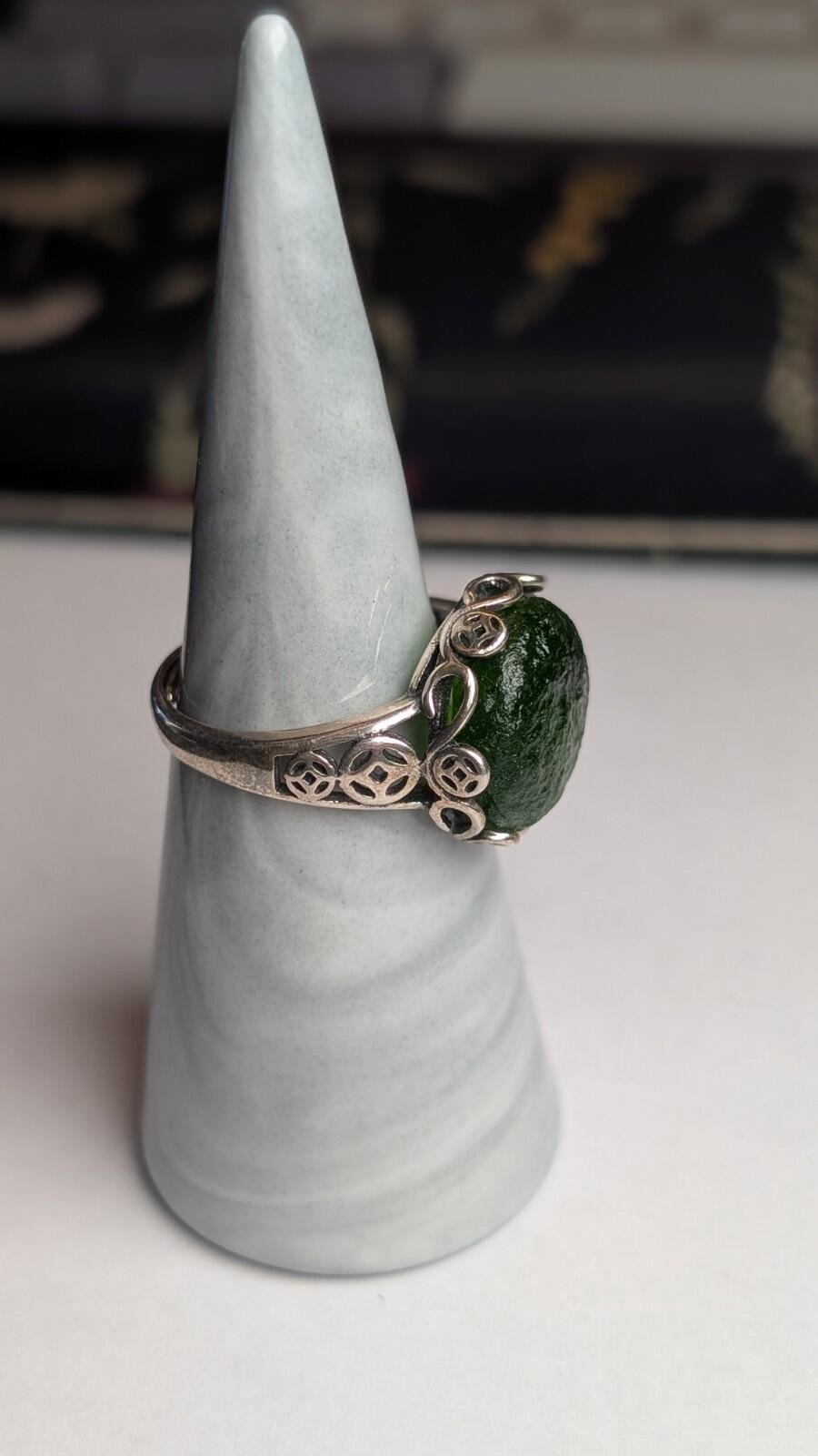 Vintage Sterling Silver Green Moldavite Ring | Size Q (Resizable) | 925 Silver - Image 7