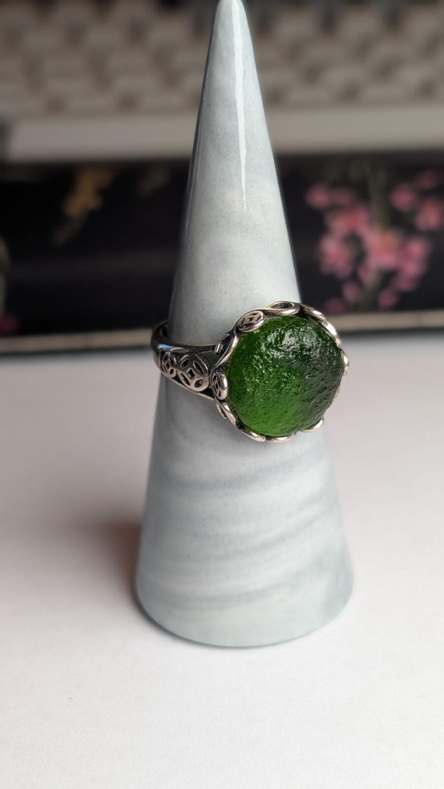 Vintage Sterling Silver Green Moldavite Ring | Size Q (Resizable) | 925 Silver - Image 8