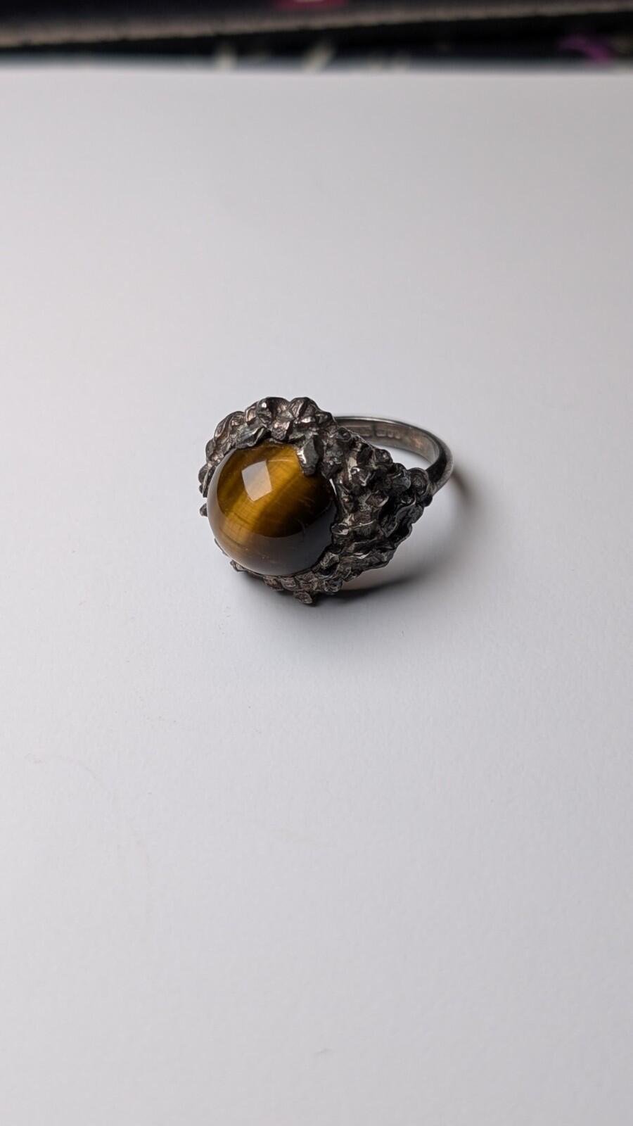 Vintage Sterling Silver 1970 Tigers Eye Gemstone Ring | Size O | Made In London