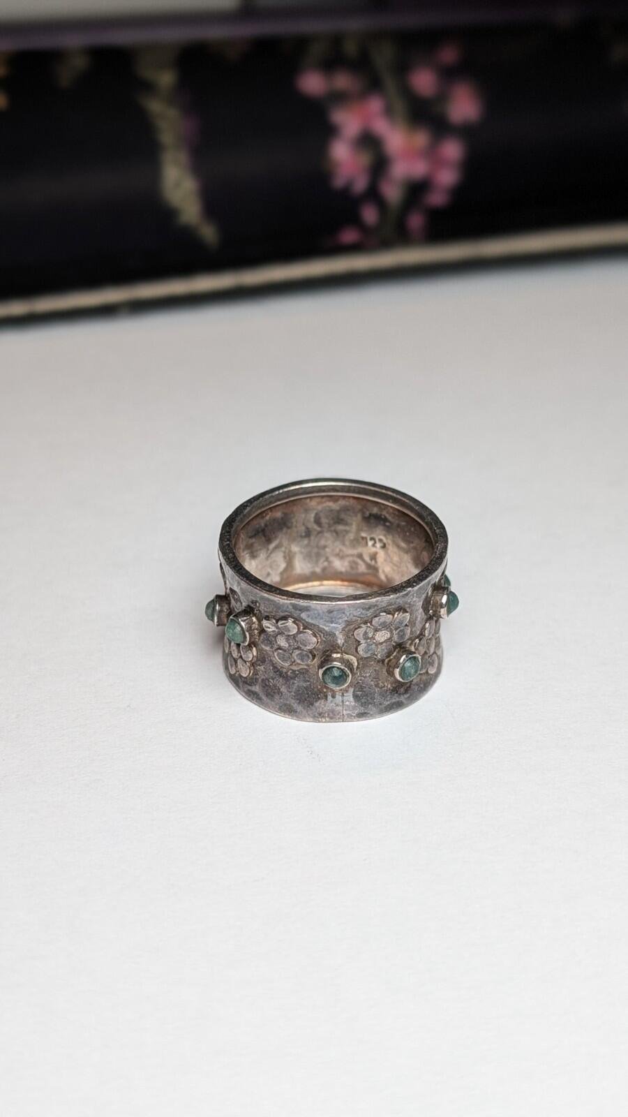 Vintage Sterling Silver Chunky Green Gemstone Band Ring | Size S 1/2 | 925
