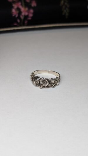 Vintage Sterling Silver Floral Flowers Band Ring | Size N | 925 Silver