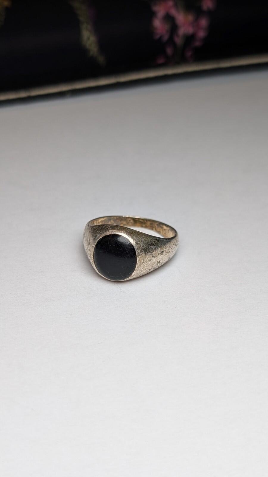 Vintage Sterling Silver Black Onyx Signet Ring | Size S - S 1/2 | 925 Silver