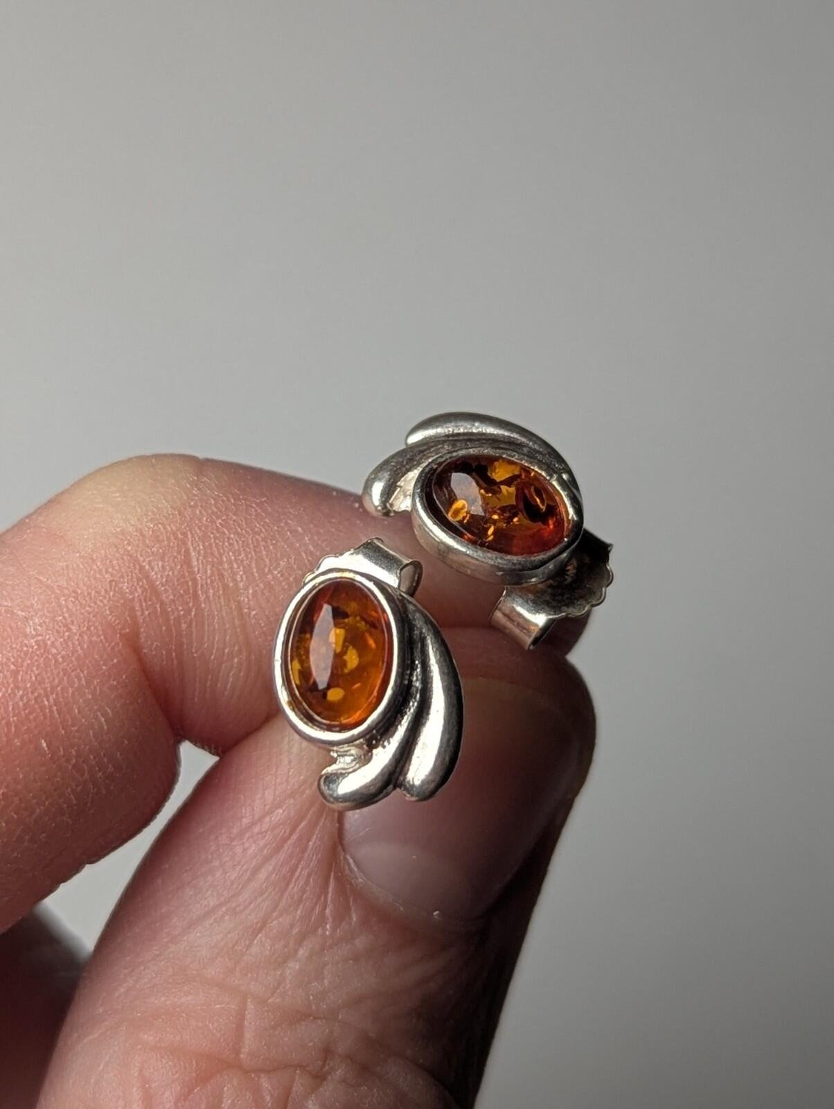 Vintage Sterling Silver Amber Stud Earrings | Amber Jewellery Earrings