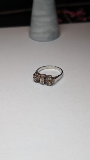 Vintage Sterling Silver Marcasite Bow Ring | Size M 1/2 | 925 Silver