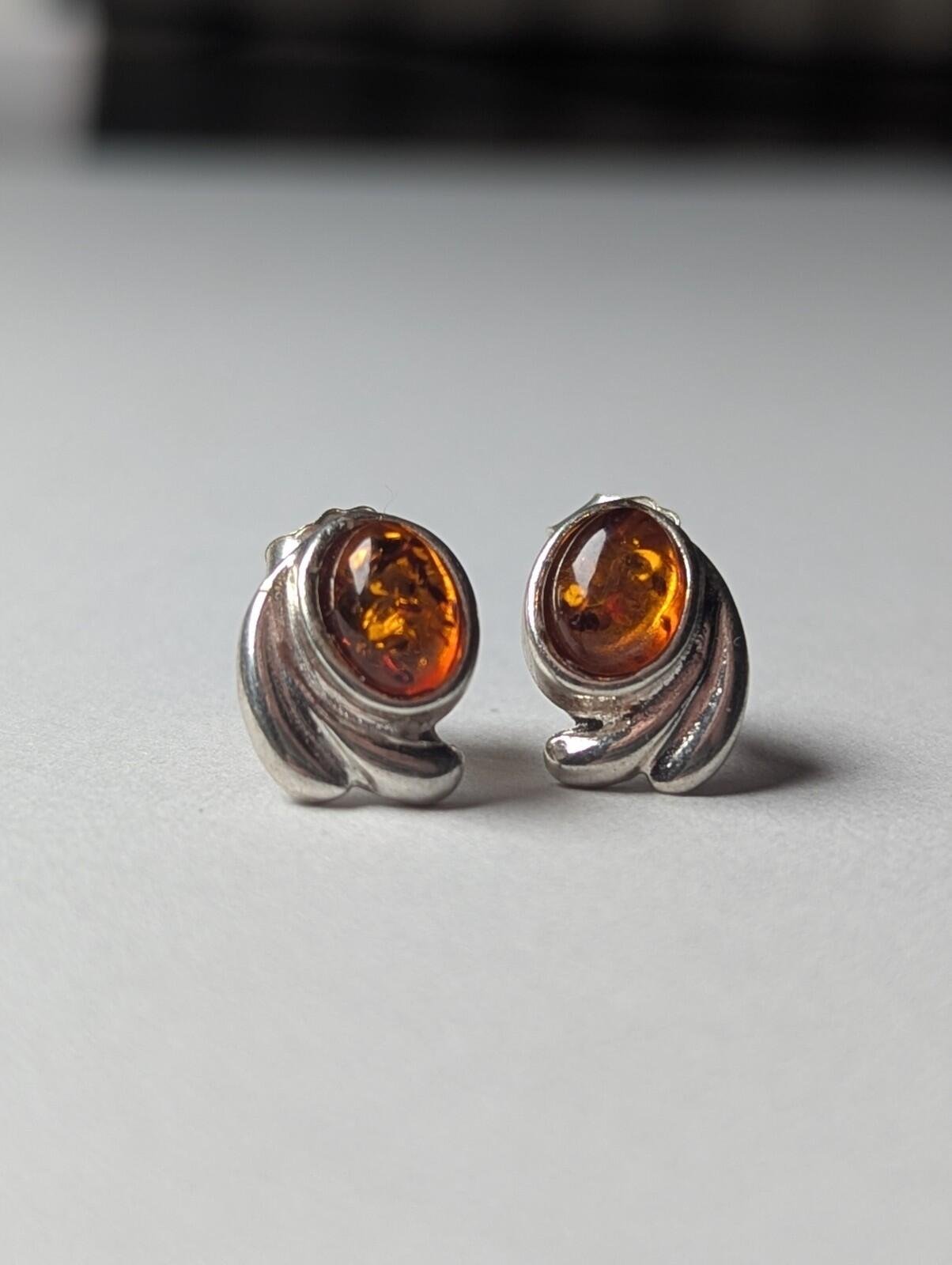 Vintage Sterling Silver Amber Stud Earrings | Amber Jewellery Earrings - Image 2