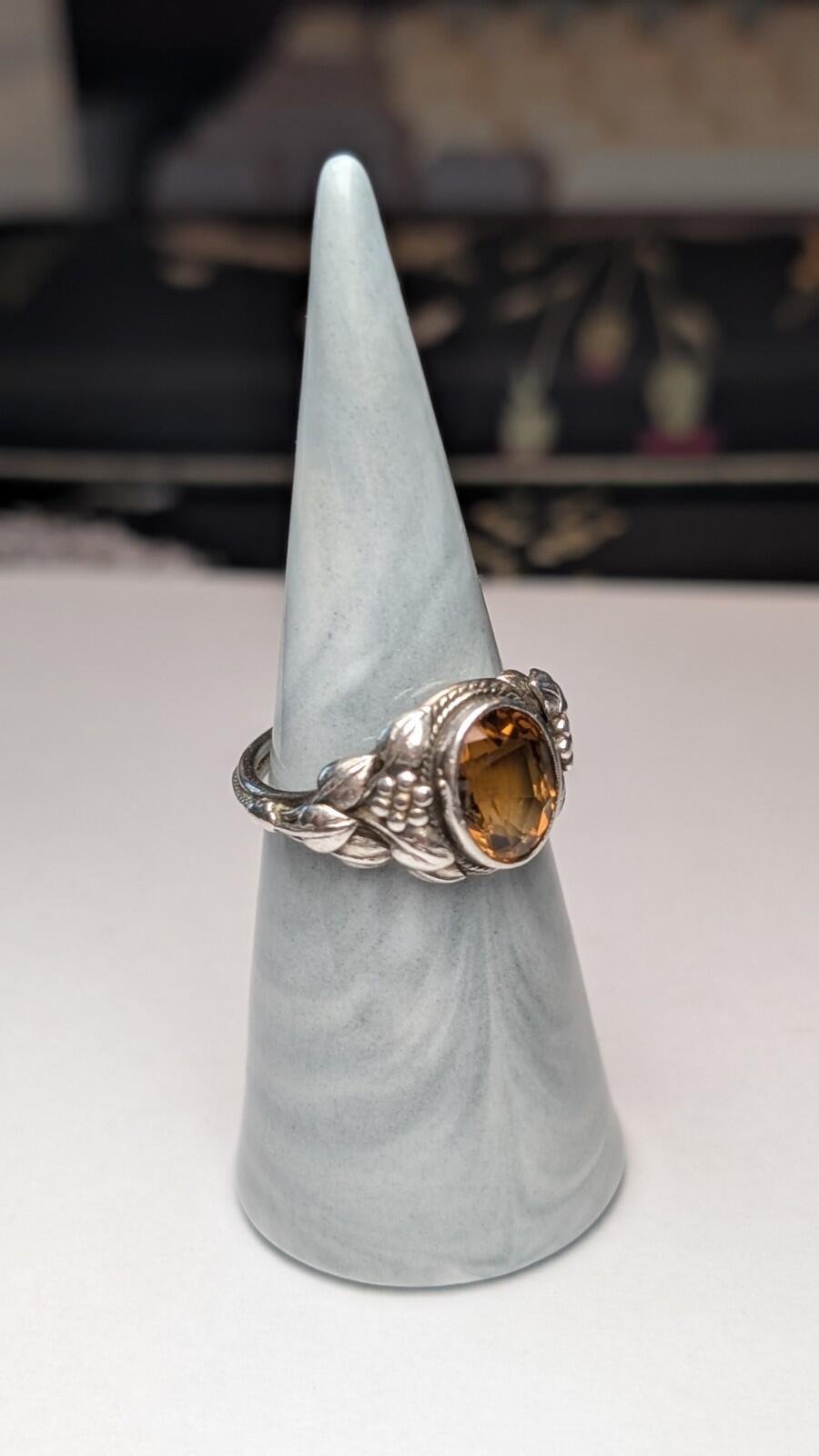 Vintage Sterling Silver Citrine Floral Ring | Size Q 1/2 | 925 Silver