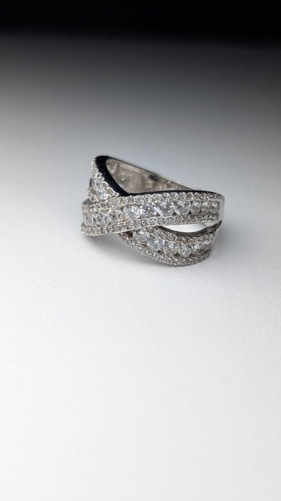 Vintage Sterling Silver Clear Gemstone Cross Ring | Size O | 925 silver