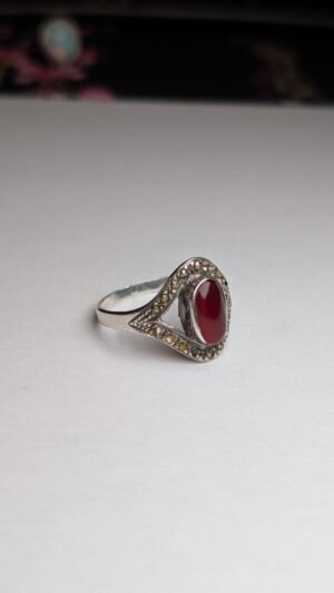 Vintage Sterling Silver Carnelian & Marcasite Ring | Size S 1/2 | Missing Stones