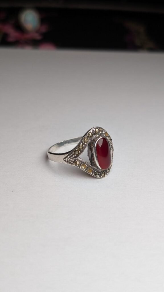 Vintage Sterling Silver Carnelian & Marcasite Ring | Size S 1/2 | Missing Stones