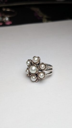 Genuine Sterling Silver Floral Pearl Cluster Ring | Size J 1/2 - K | S925 ALE