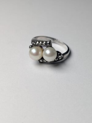 Vintage Sterling Silver Faux Pearl and Marcasite Ring | Size L | 925 Silver