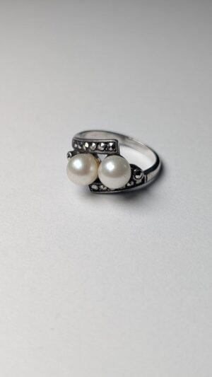 Vintage Sterling Silver Faux Pearl and Marcasite Ring | Size L | 925 Silver